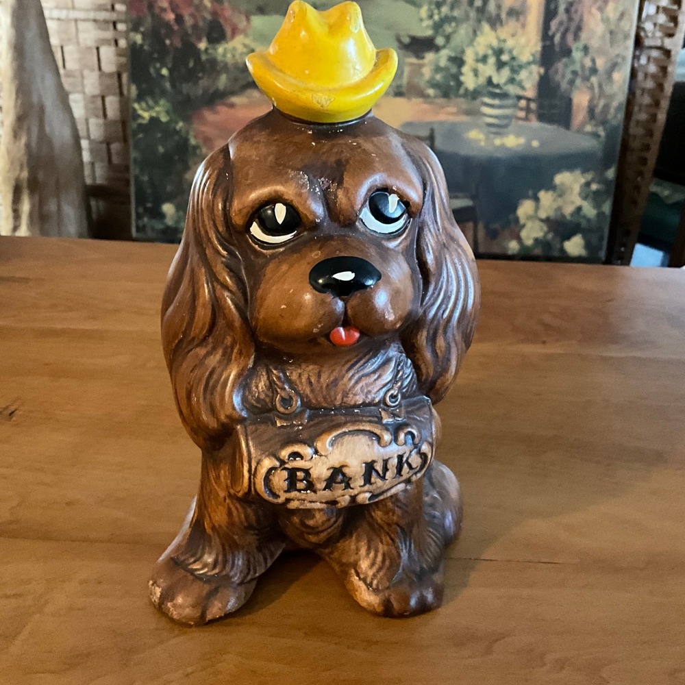 Vintage 1961 Treasure Craft Ceramic Dog Bank Cocker Spaniel Puppy Yellow‎ Cowboy
